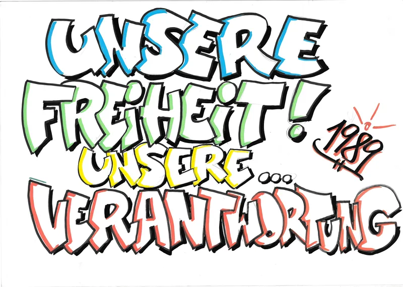 Plakat mit der Graffiti-Aufschrft: Unsere Freiheit ist unsere Verantwortung. 1989.