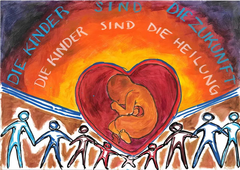 Künstlerisches Plakat mit einem Baby in einem Herz. Aufschrift: Die Kinder sind die Zukunft. Die Kinder sind die Heilung.